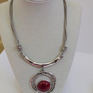 German Silver Necklace, Red Stone Pendant, Boho Tribal Jewelry, Ethnic Statement
